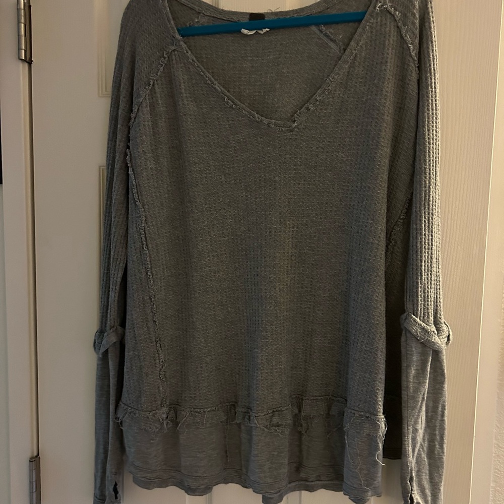 We The Free top oversized one size gray frayed seams. V- neck.